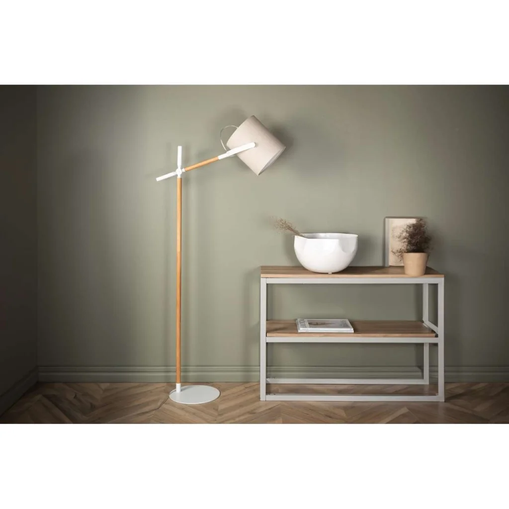 Dennis -Golvlampa - Vit / Trä/Beige Linne