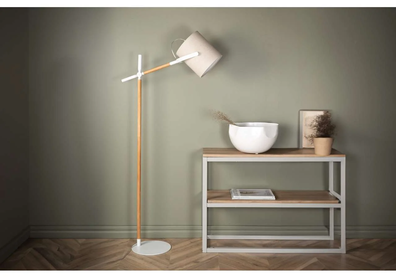 Dennis -Golvlampa - Vit / Trä/Beige Linne
