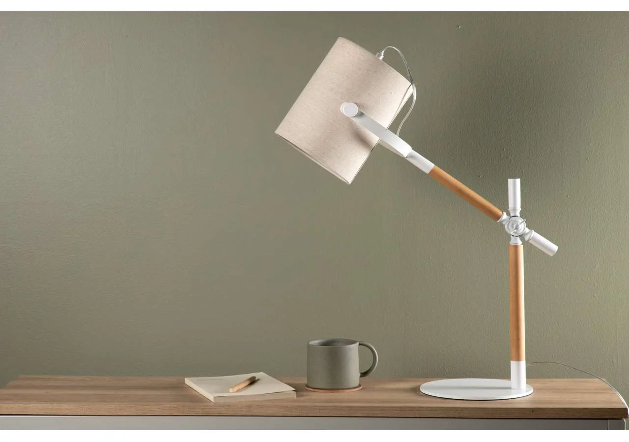 Dennis -Bordslampa - Vit / Trä/Beige Linne