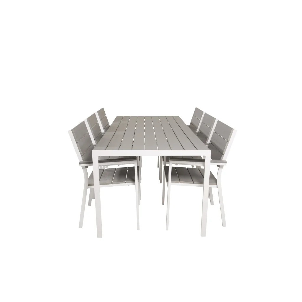 Break Matbord - 205*90 - Vit Alu / Grey Aintwood+Levels Stol (stackable) | Matgrupp | Stol för matbord