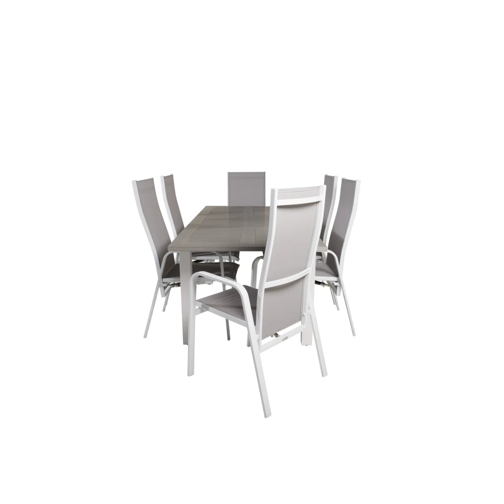 Albany Matbord 152/210*90 - Vit Alu / Grey Aintwood+Copacabana Recliner Stol (stackable) | Matgrupp | Stol för matbord