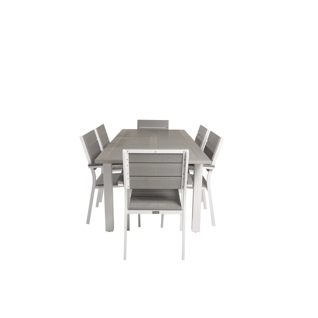 Albany Matbord 152/210*90 - Vit Alu / Grey Aintwood+Levels Stol (stackable) | Matgrupp | Stol för matbord