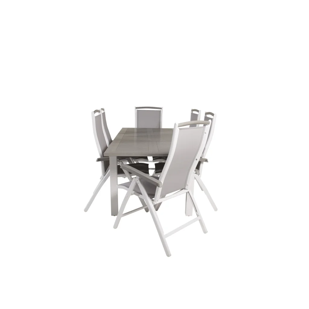 Albany Matbord 152/210*90 - Vit Alu / Grey Aintwood+Albany Stol 5:pos | Matgrupp | Stol för matbord