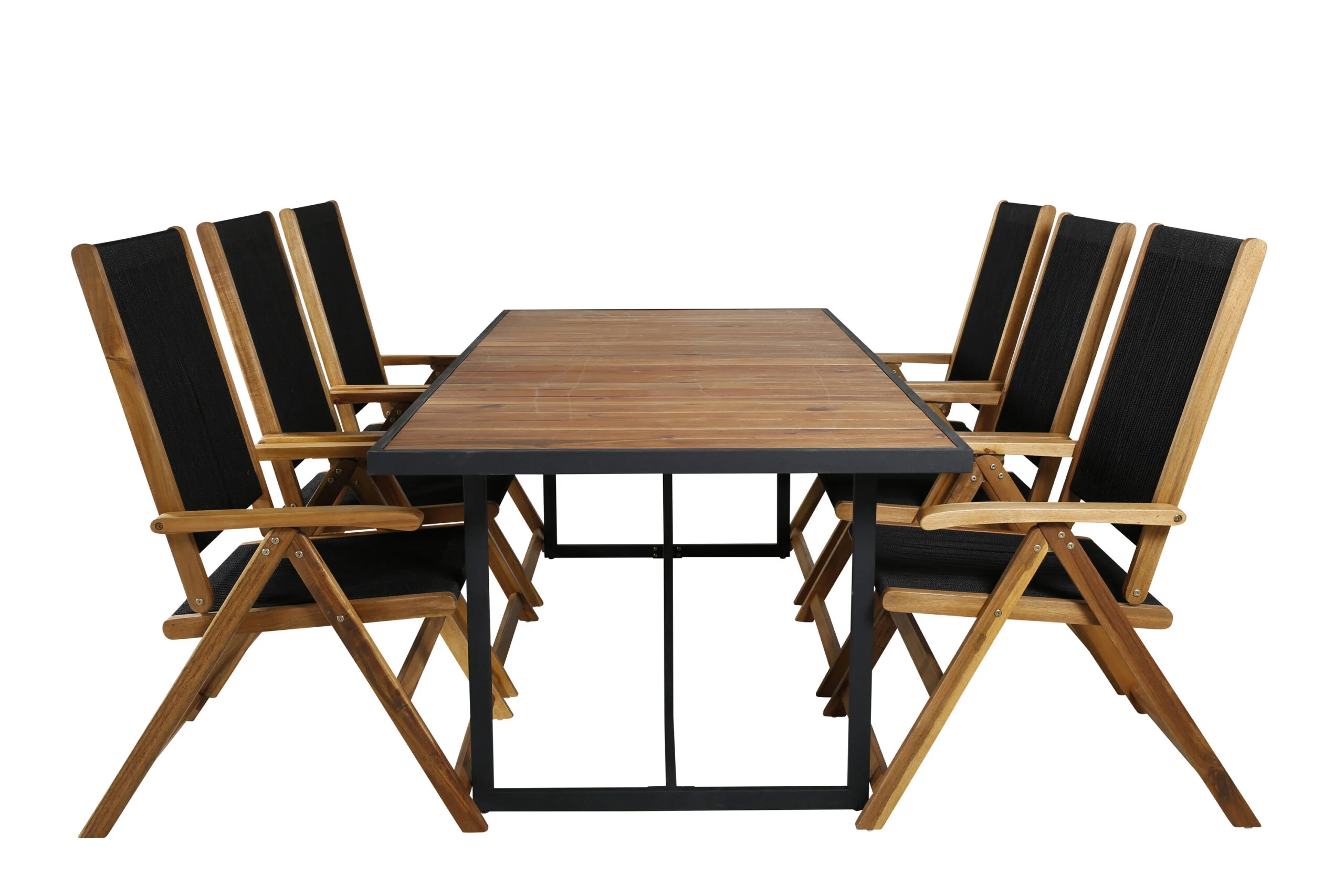 Khung Matbord - Svart Steel / Akacia (teklook) - 200*100cm+Little John foldable Stol | Matgrupp | Stol för matbord