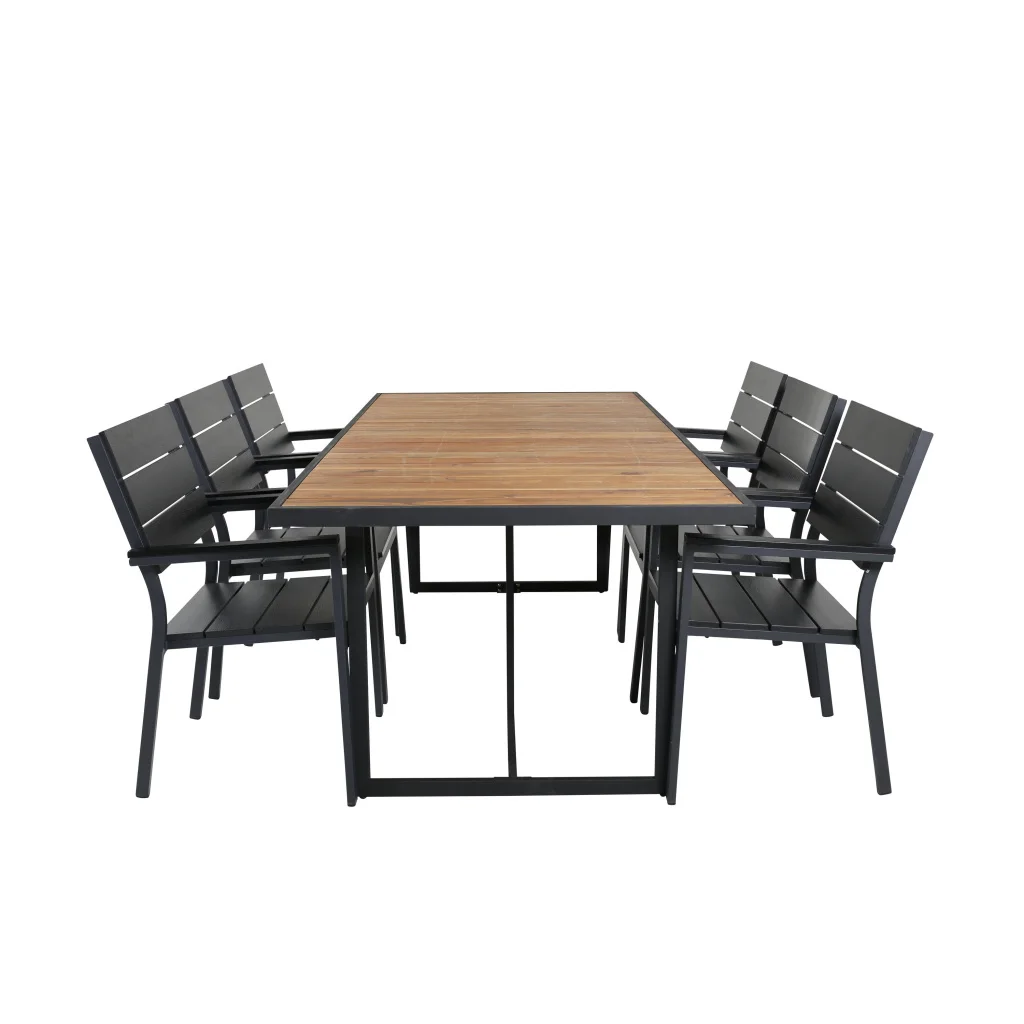 Khung Matbord - Svart Steel / Akacia (teklook) - 200*100cm+Levels Stol (stackable) | Matgrupp | Stol för matbord