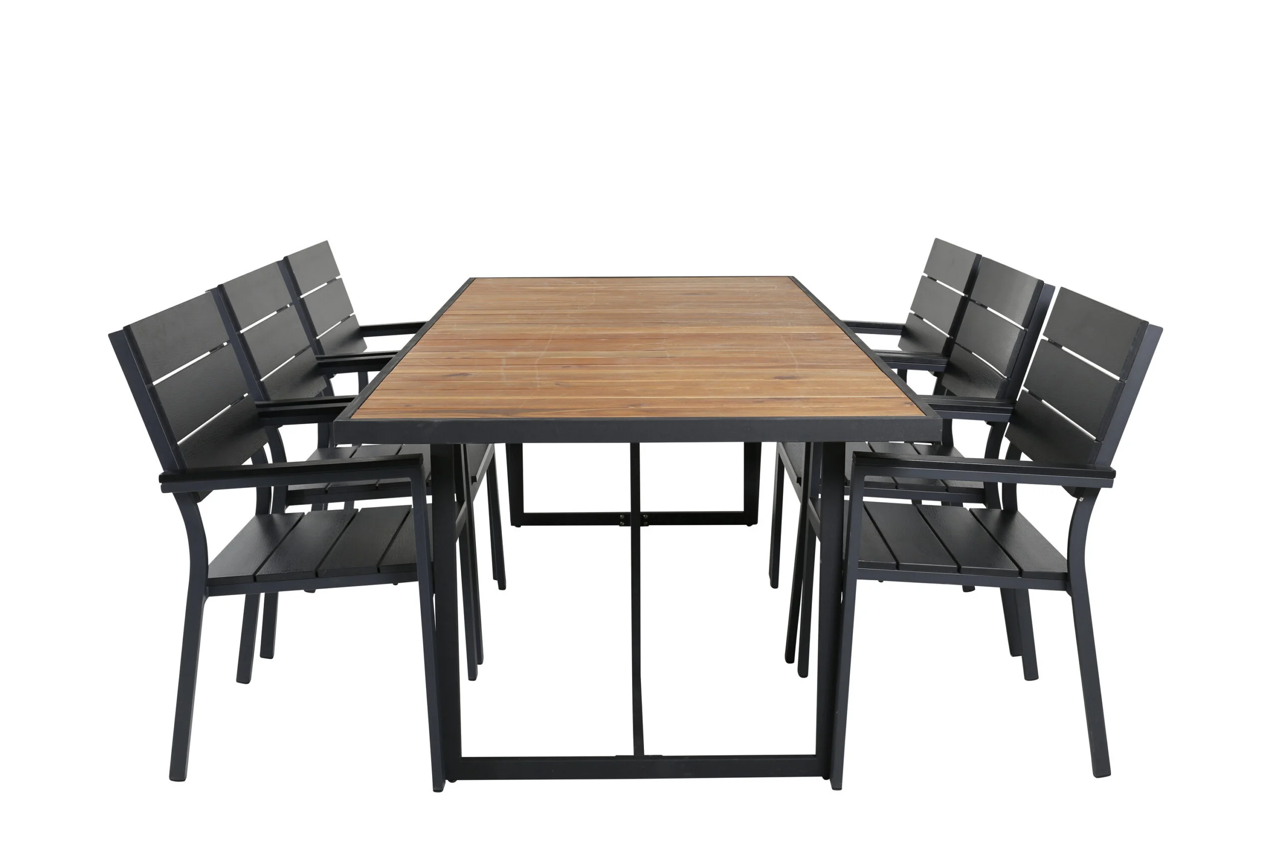 Khung Matbord - Svart Steel / Akacia (teklook) - 200*100cm+Levels Stol (stackable) | Matgrupp | Stol för matbord