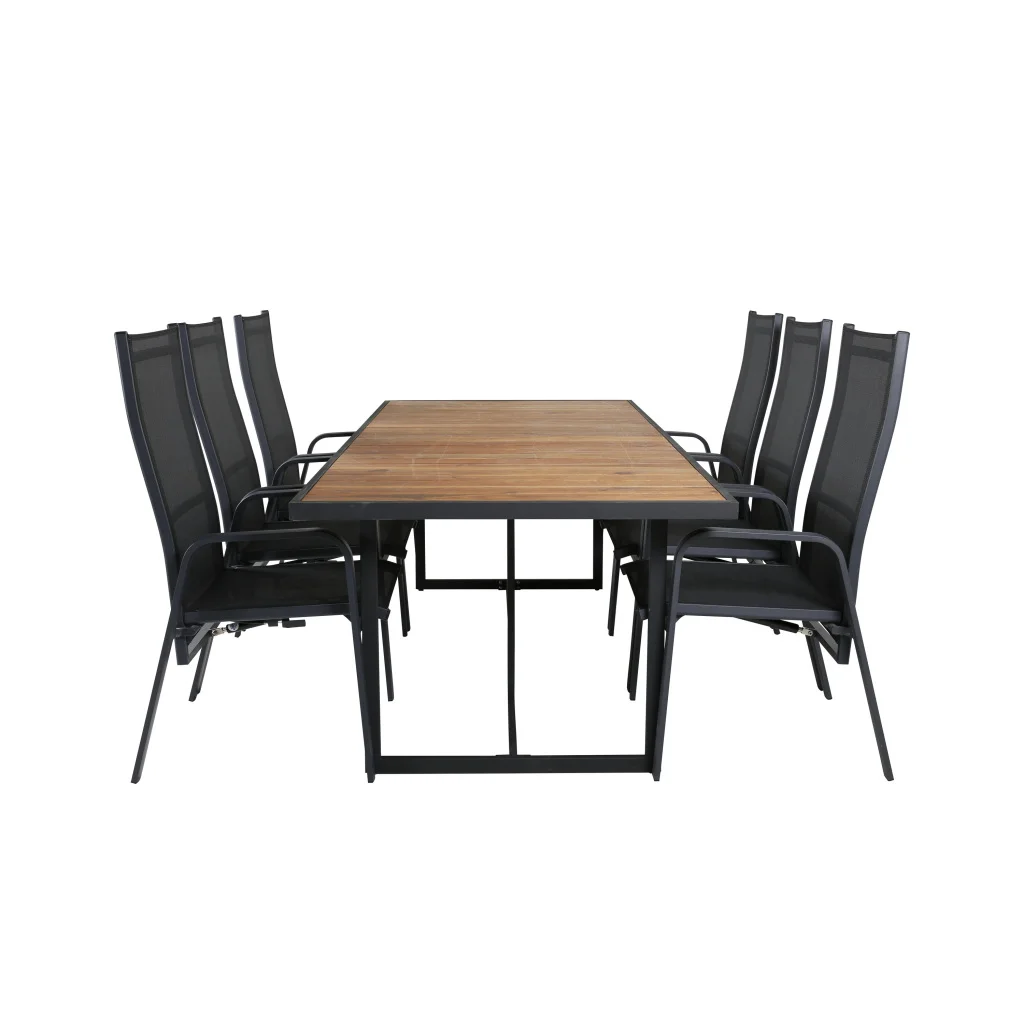 Khung Matbord - Svart Steel / Akacia (teklook) - 200*100cm+Copacabana Recliner Stol | Matgrupp | Stol för matbord