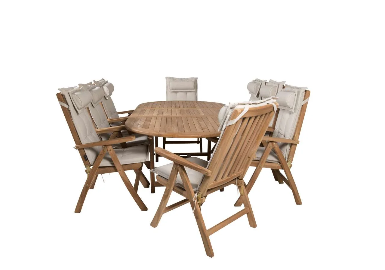 Kenya Oval Matbord 180/240*120*H75 -Teak+Kenya 5-position Folding Stol | Matgrupp | Stol för matbord