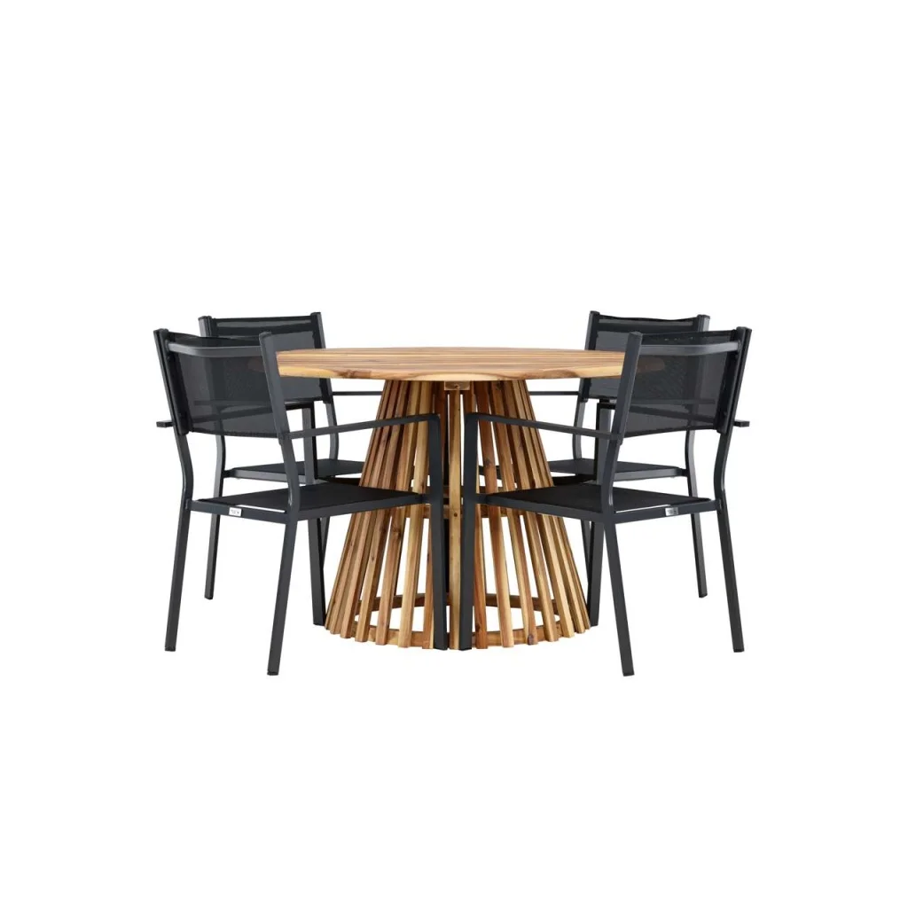 Lumpur Middagtable Akacia - Teaklook / Runt ø110**75 | Copacabana stapelstol - Svart/Svart