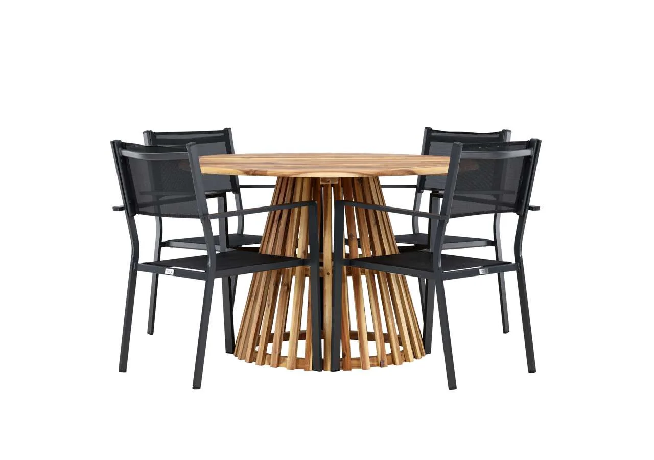 Lumpur Middagtable Akacia - Teaklook / Runt ø110**75 | Copacabana stapelstol - Svart/Svart