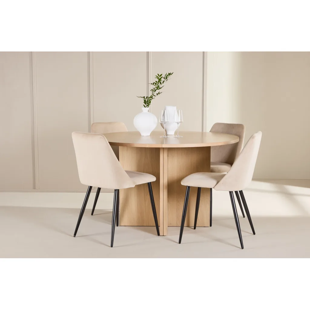 Strada Table - Vitwash with 4 Night Chair - Svart/ Beige