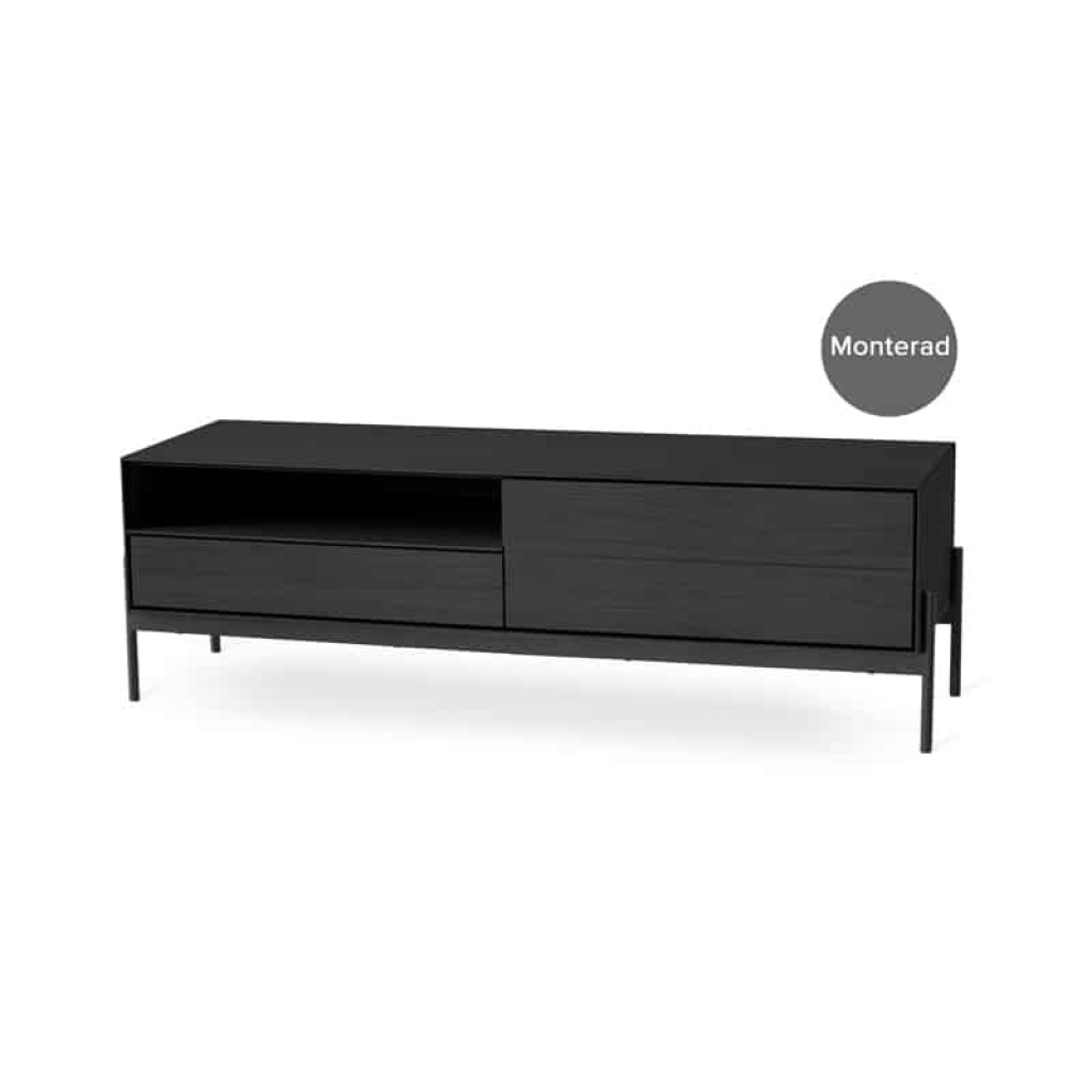 CANE mediabänk 144 cm svartbetsad ek, svart metallunderrede