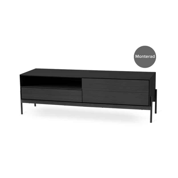 CANE mediabänk 144 cm svartbetsad ek, svart metallunderrede