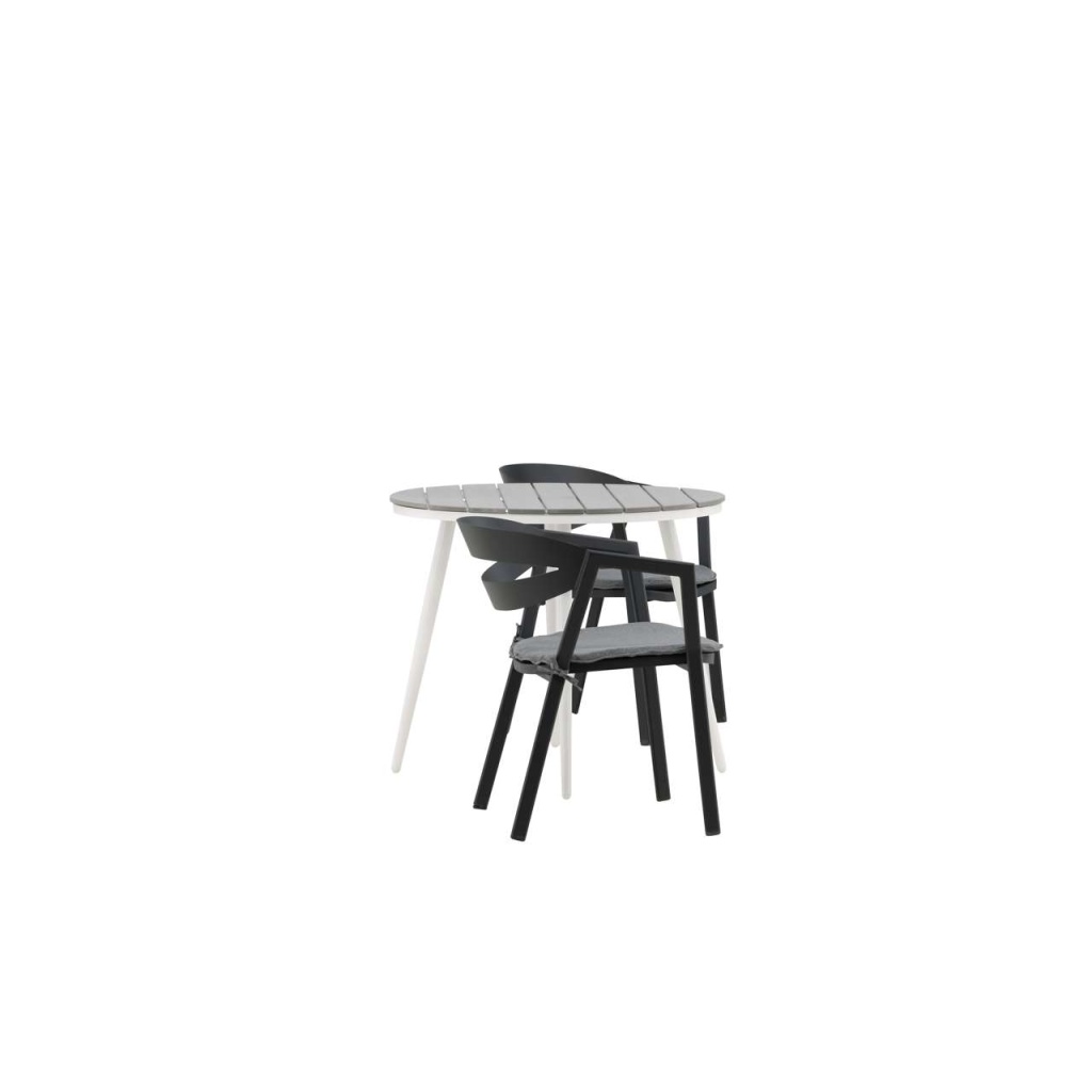 Break - Matbord Runt- Vit / Grey - Alu / Aintwood - 90ø _1+ Slit - Middag Stol inc Cushion- Svart /Grey - Aluminium - _2 | Matgrupp | Stol för matbord