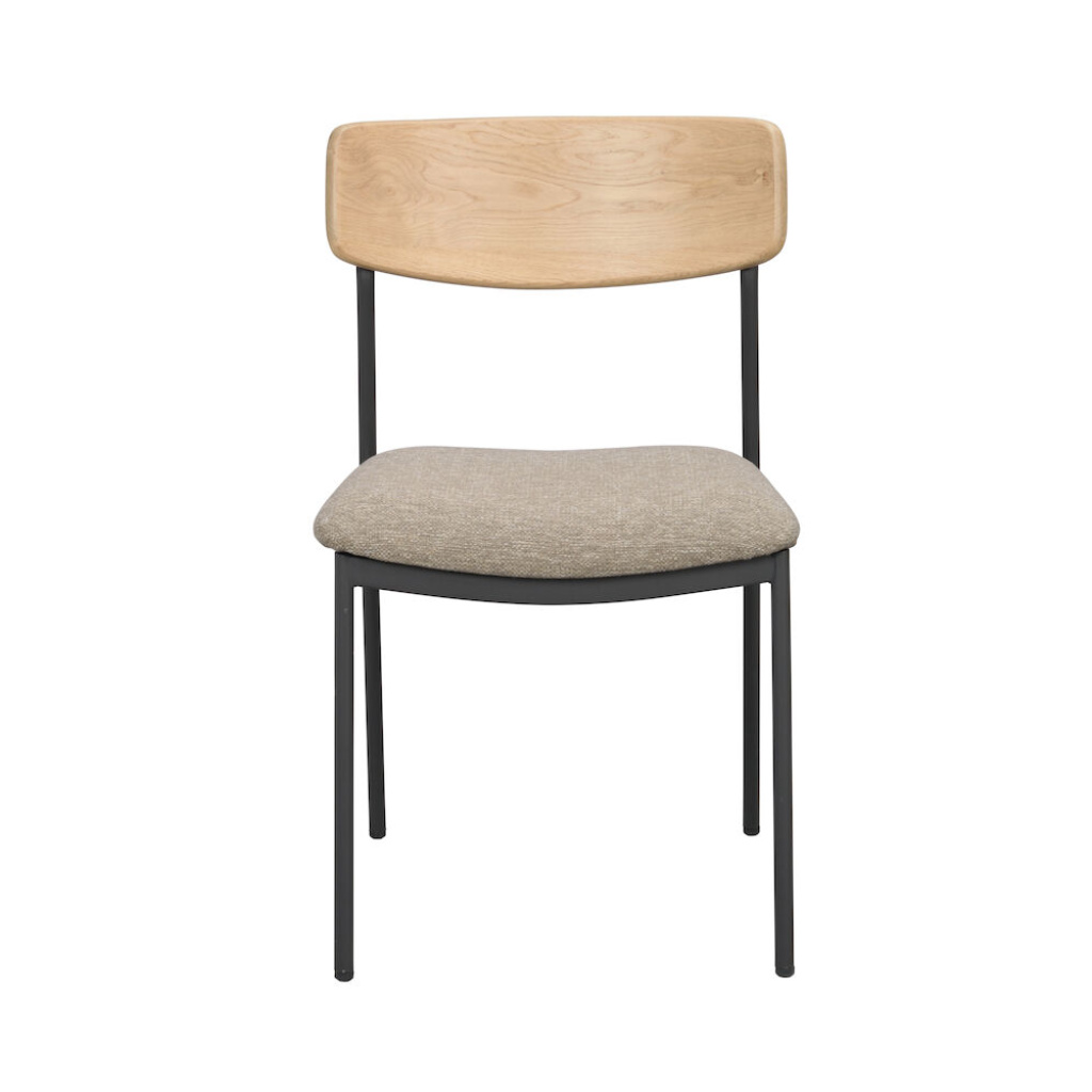 Maymont stol ekrygg/mörkbeige tyg/svart metall stapelbar