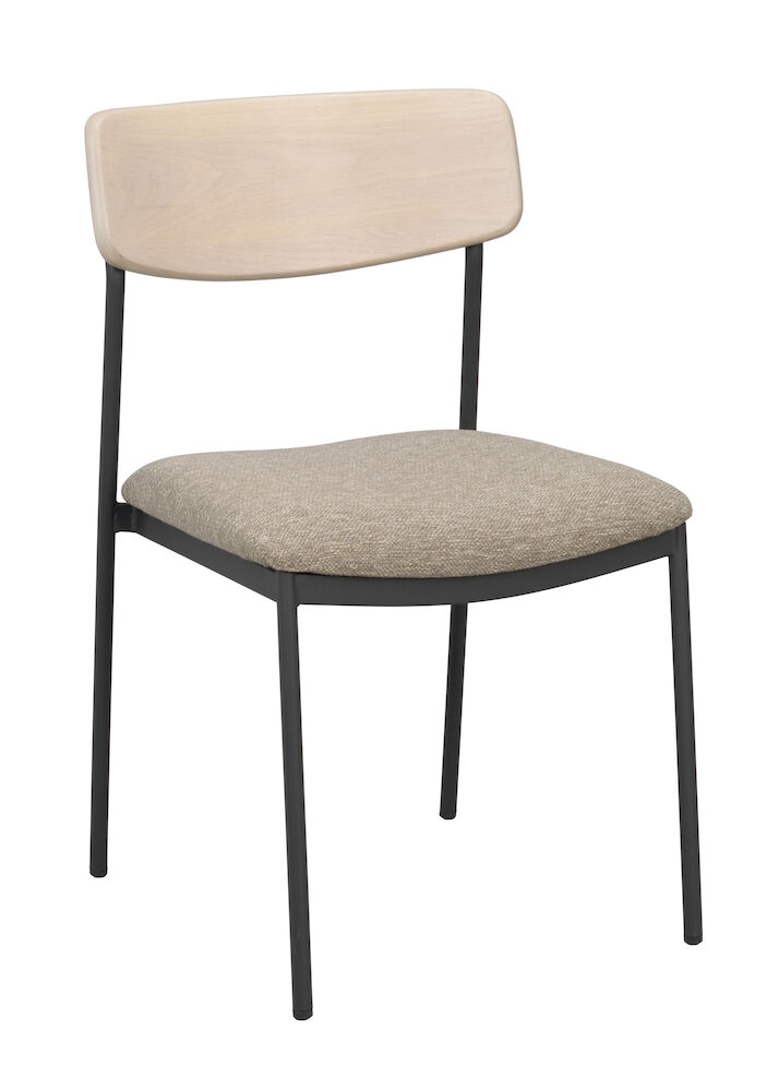 Maymont stol vitpig.ekrygg/mörkbeige tyg/svart metall stapelbar