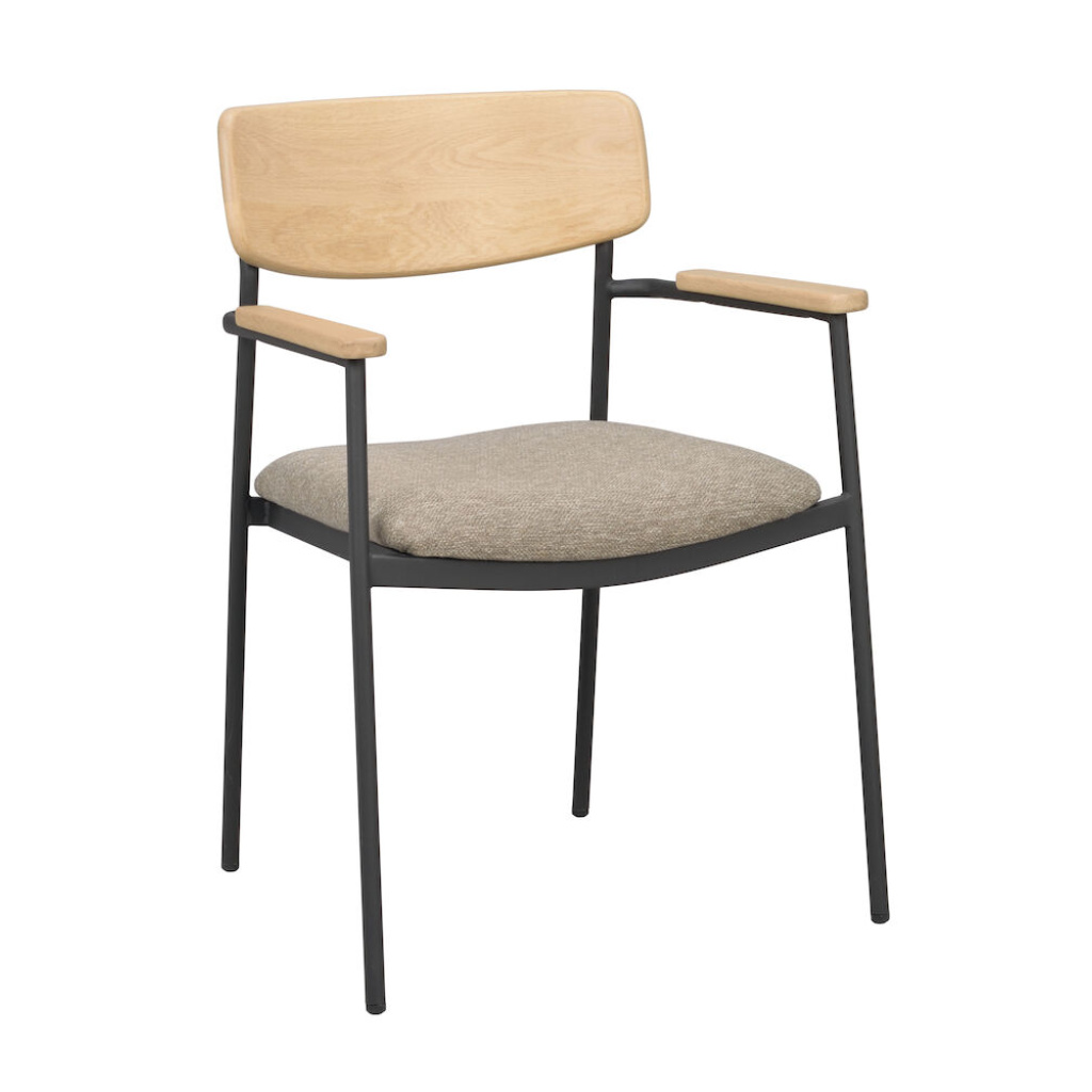 Maymont karmstol ekrygg/mörkbeige tyg/svart metall stapelbar