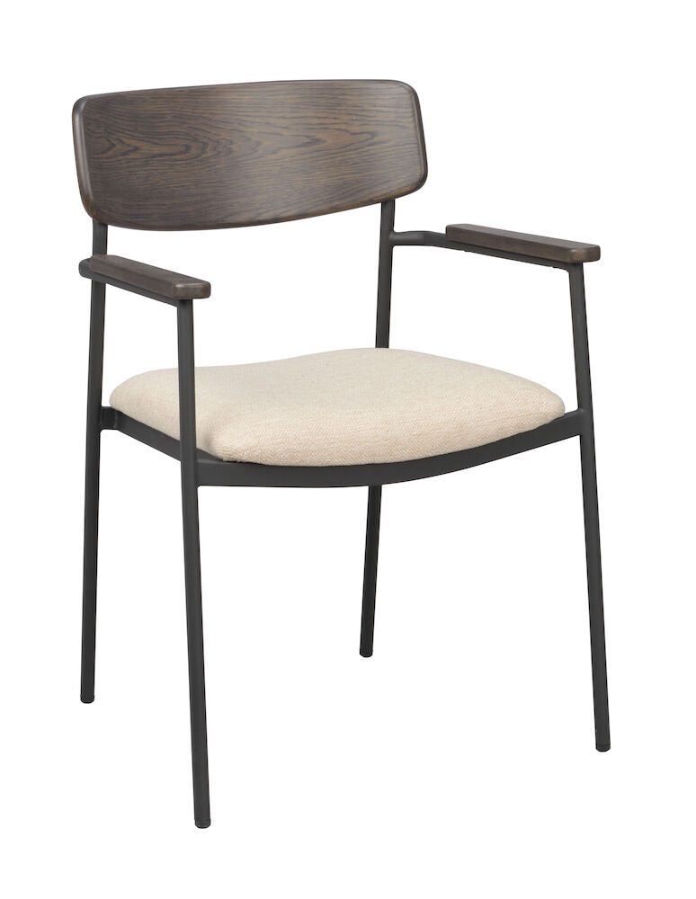 Maymont karmstol brun ekrygg/ljusbeige tyg/svart metall stapelbar