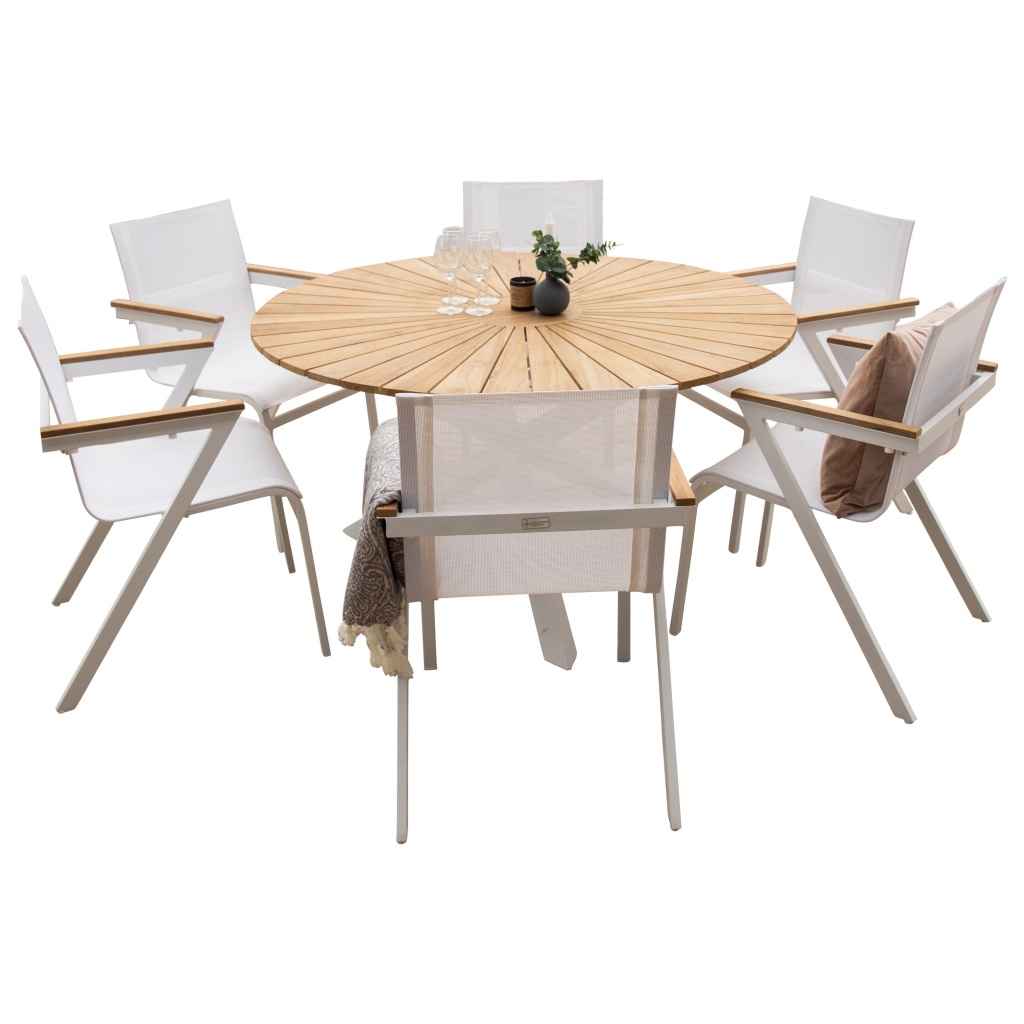 Mexico matbord ø140 - vit / teak+Mexico Karmstol (Stapelbar)