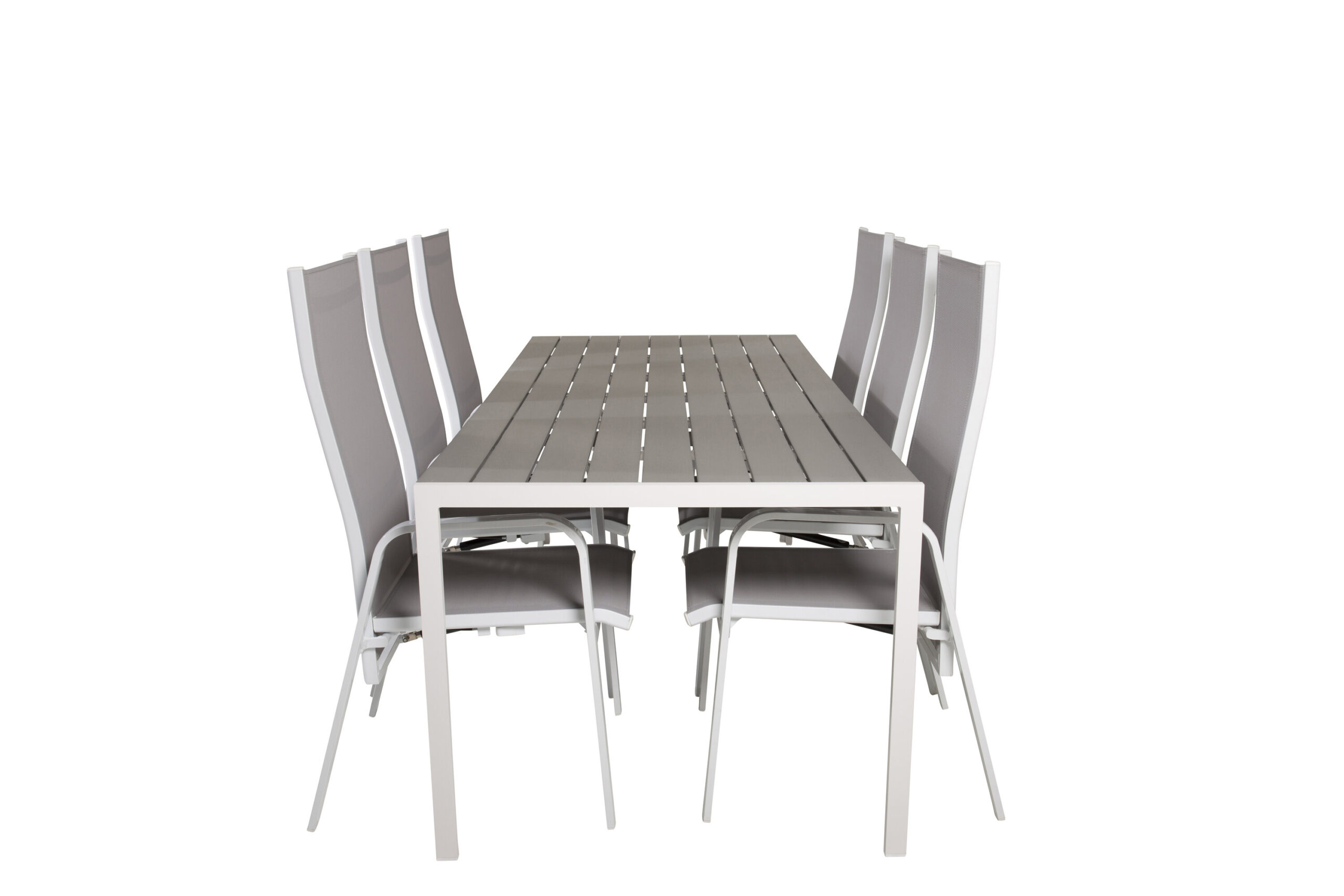 Break Matbord - 205*90 - Vit Alu / Grey Aintwood+Copacabana Recliner Stol (stackable) | Matgrupp | Stol för matbord
