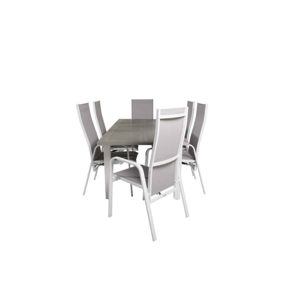 Albany Matbord 152/210*90 - Vit Alu / Grey Aintwood+Copacabana Recliner Stol (stackable) | Matgrupp | Stol för matbord