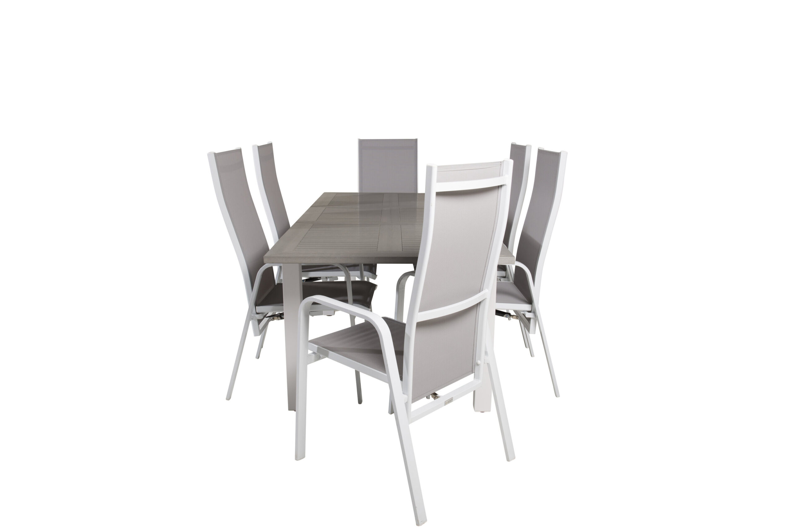 Albany Matbord 152/210*90 - Vit Alu / Grey Aintwood+Copacabana Recliner Stol (stackable) | Matgrupp | Stol för matbord