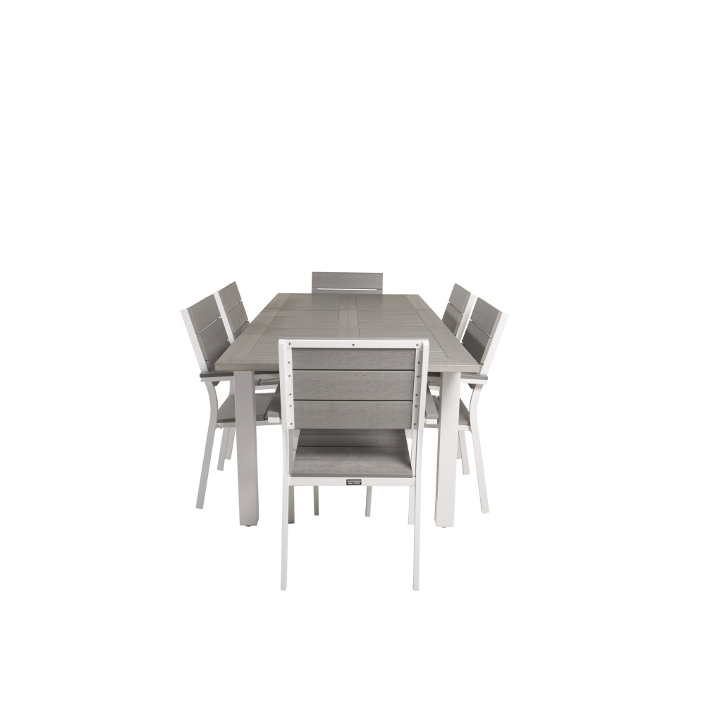 Albany Matbord 152/210*90 - Vit Alu / Grey Aintwood+Levels Stol (stackable) | Matgrupp | Stol för matbord