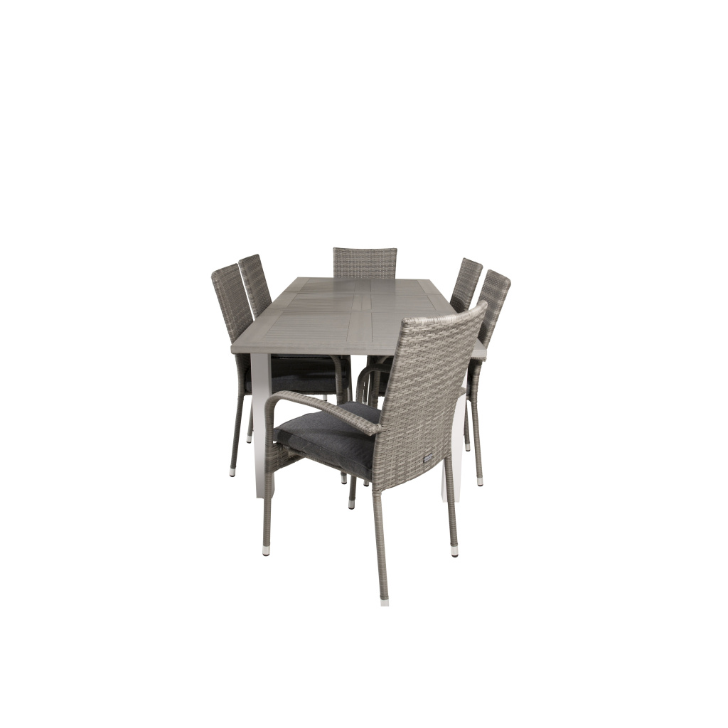 Albany Matbord 152/210*90 - Vit Alu / Grey Aintwood+Anna Arm Stol (stackable) | Matgrupp | Stol för matbord