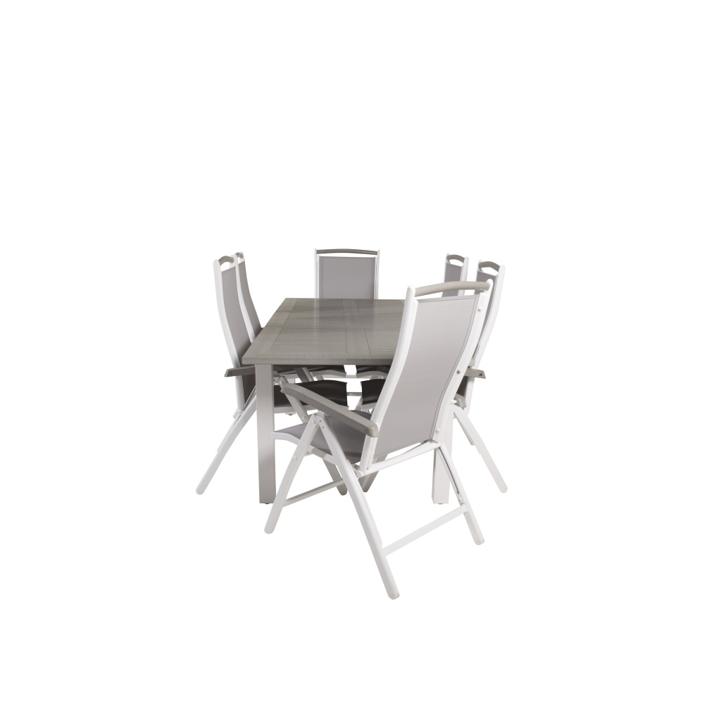 Albany Matbord 152/210*90 - Vit Alu / Grey Aintwood+Albany Stol 5:pos | Matgrupp | Stol för matbord