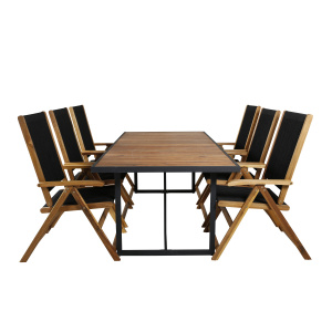 Khung Matbord - Svart Steel / Akacia (teklook) - 200*100cm+Little John foldable Stol | Matgrupp | Stol för matbord