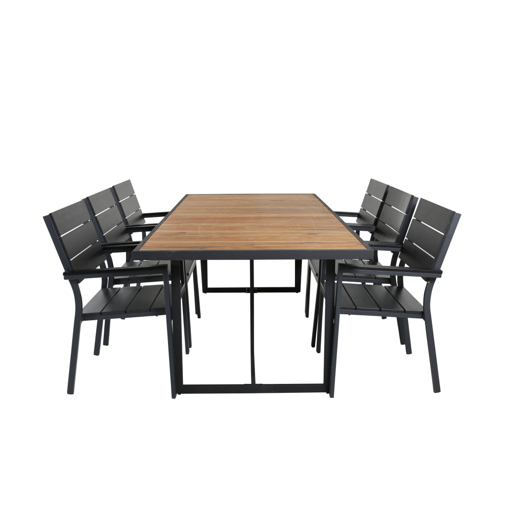 Khung Matbord - Svart Steel / Akacia (teklook) - 200*100cm+Levels Stol (stackable) | Matgrupp | Stol för matbord