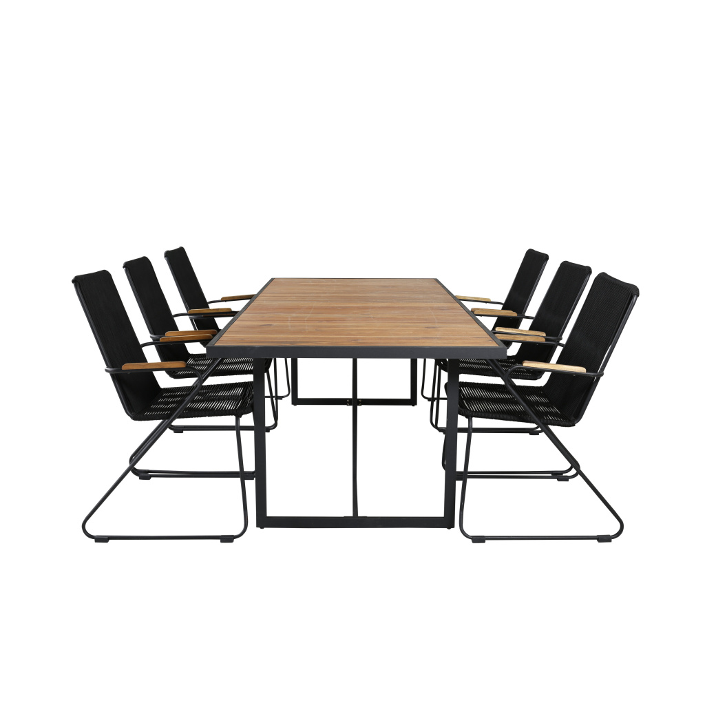 Khung Matbord - Svart Steel / Akacia (teklook) - 200*100cm+Bois Fåtölj | Matgrupp
