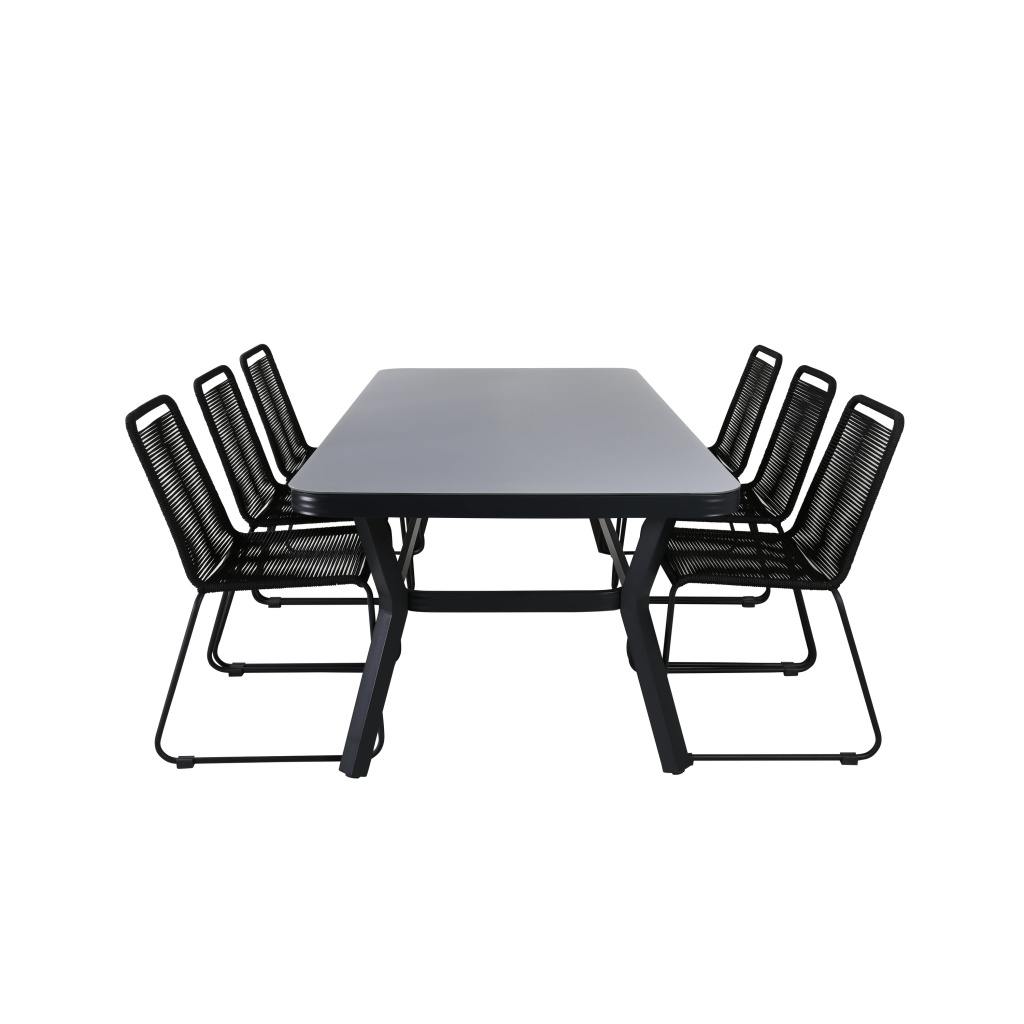 Virya Matbord - Svart Alu / Grey Glas - big table+Lindos stapelstol | Matgrupp