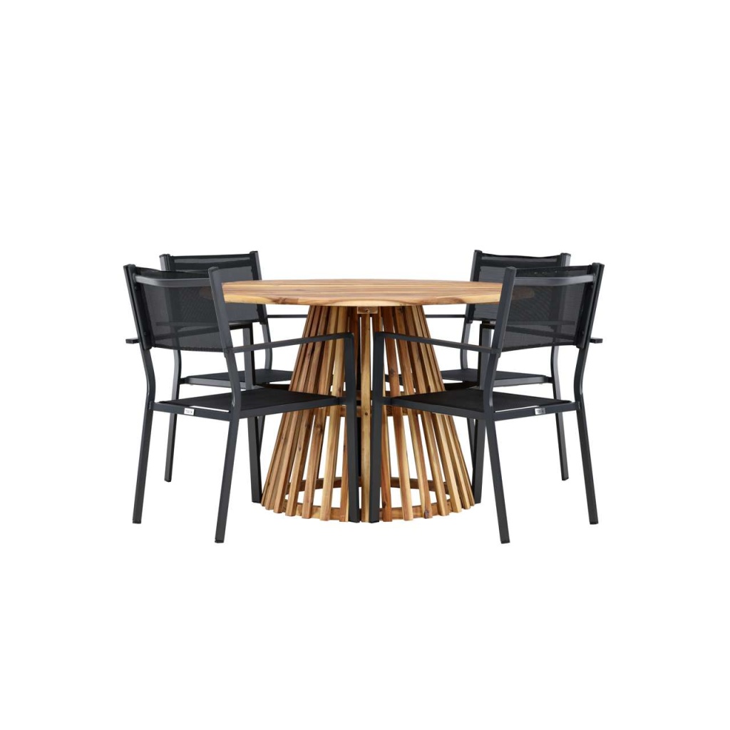 Lumpur Middagtable Akacia - Teaklook / Runt ø110**75 | Copacabana stapelstol - Svart/Svart