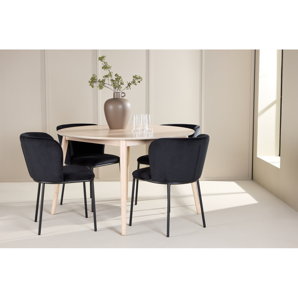 Flora Table - Vitwash with 4 Edina Chair - Svart