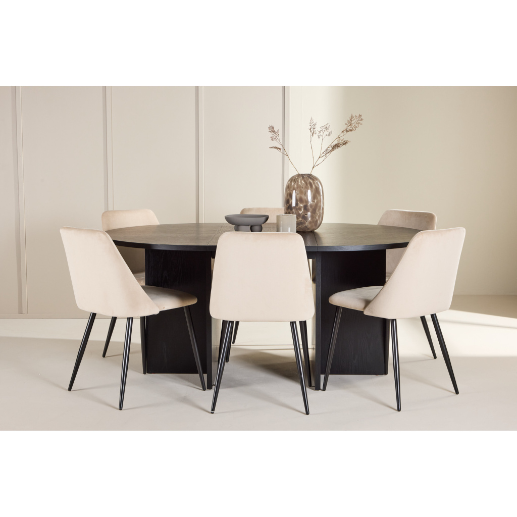 Strada Table - Svartwith 6 Night Chair - Svart/ Beige
