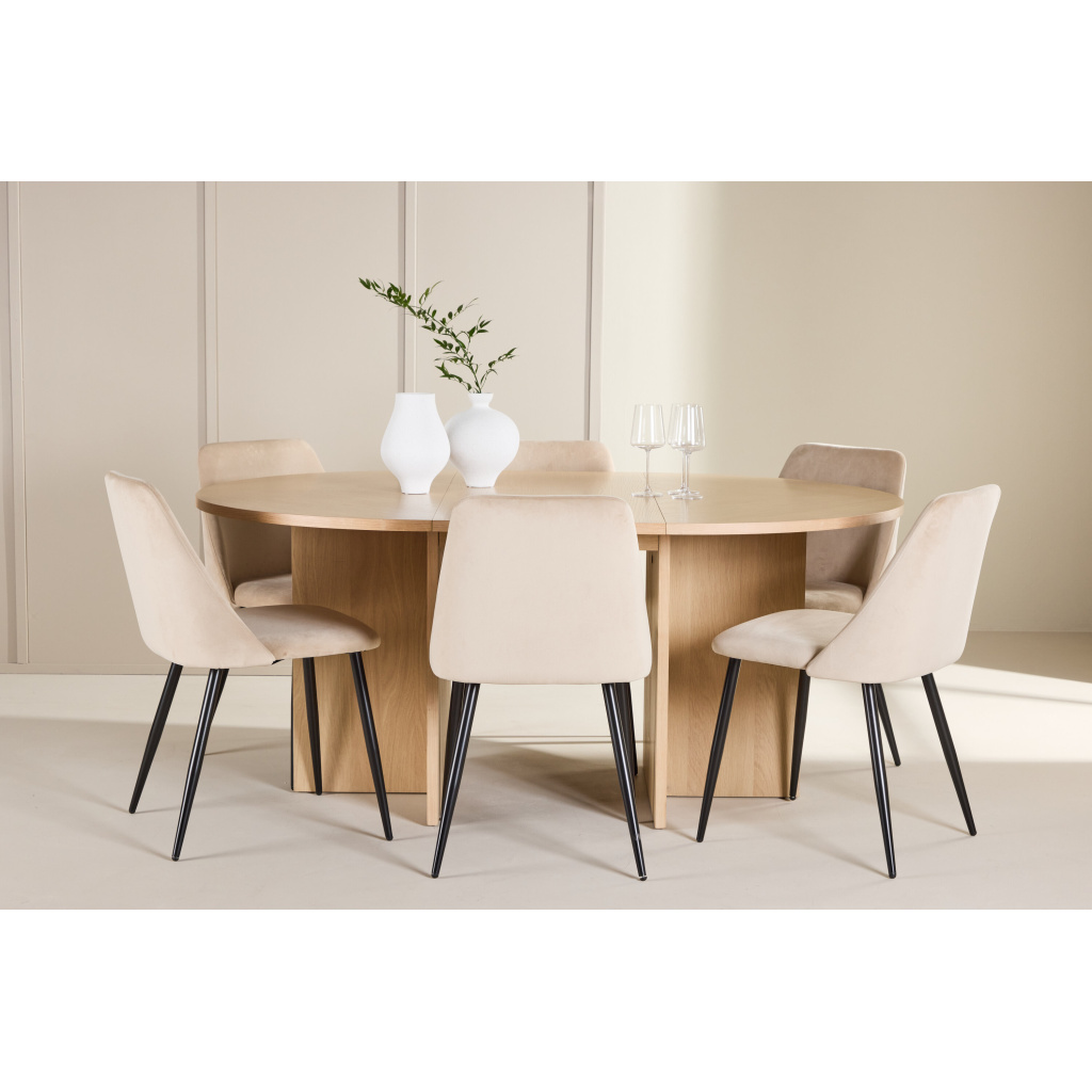 Strada Table - Vitwash with 6 Night Chair - Svart/ Beige
