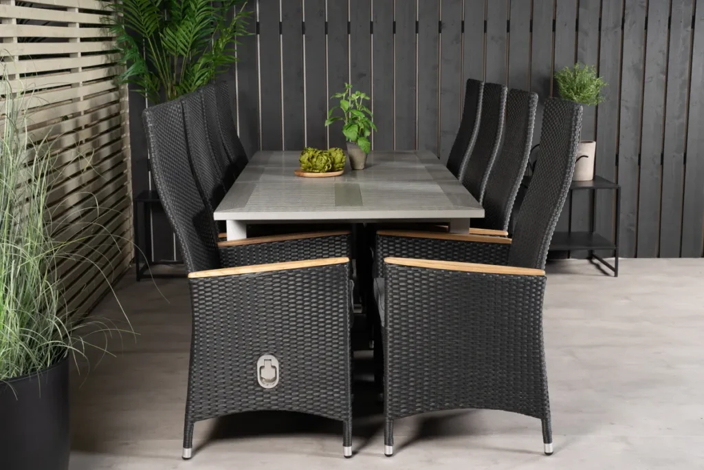 Albany Dining Table 160/240*100 - White Alu / Grey Aintwood+Padova Arm Chair Recliner with cushion - Black / Grey cushion - Teak_8