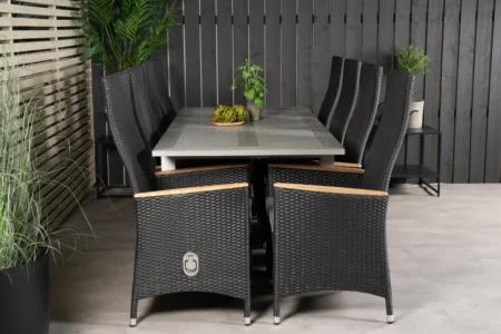 Albany Dining Table 160/240*100 - White Alu / Grey Aintwood+Padova Arm Chair Recliner with cushion - Black / Grey cushion - Teak_8