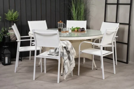 Volta & Santorini Matbord ⌀150 + Matstolar Vit