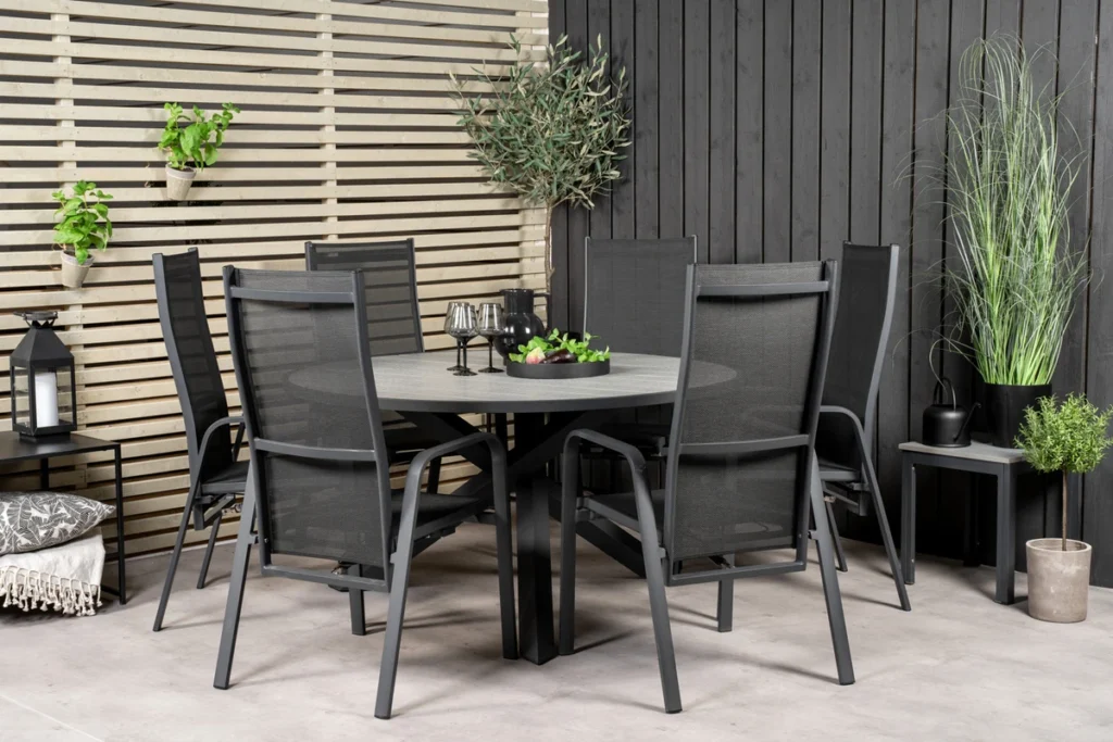 Copacabana & Parma Reclinerstolar Svart + Runda Matbord ⌀140 Mörkgrå