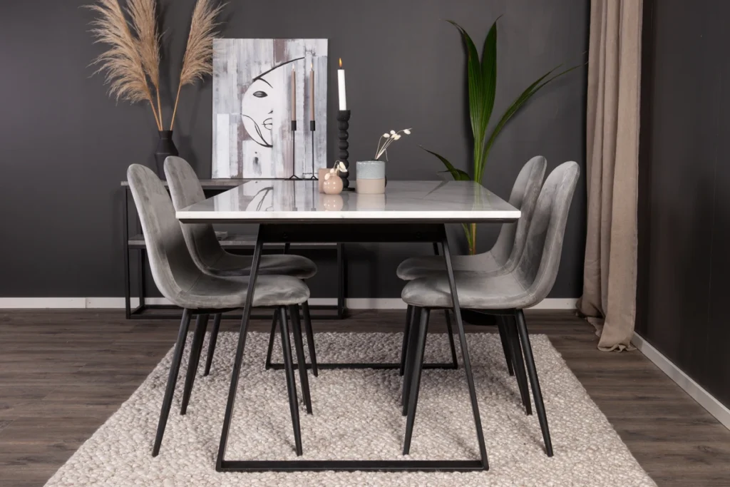 Estelle & Polar Rektangulära Matbord 140 x 90 Black + Matstolar Grå