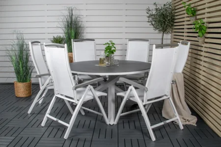 Copacabana & Albany Runda Matbord 140 Grå + Positionsstolar Vit