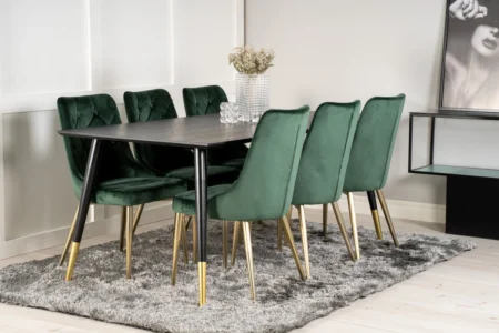 Dipp & Velvet Deluxe Rektangulära Matbord 180 x 90 Black + Matstolar Green