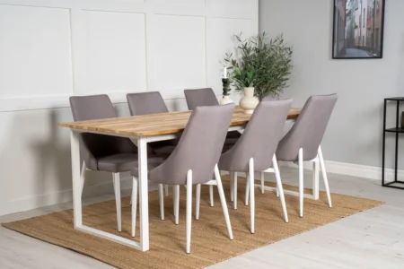 Leone & Cirebon Matstolar Grå + Rektangulära Matbord 200 x 90 Natur