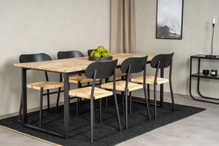 Cirebon & Polly Rektangulära Matbord 75 x 200 x 90 Natur + Matstolar Svart