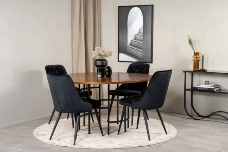 Copenhagen & Velvet Deluxe Runda Matbord ⌀140 Brown + Matstolar Black