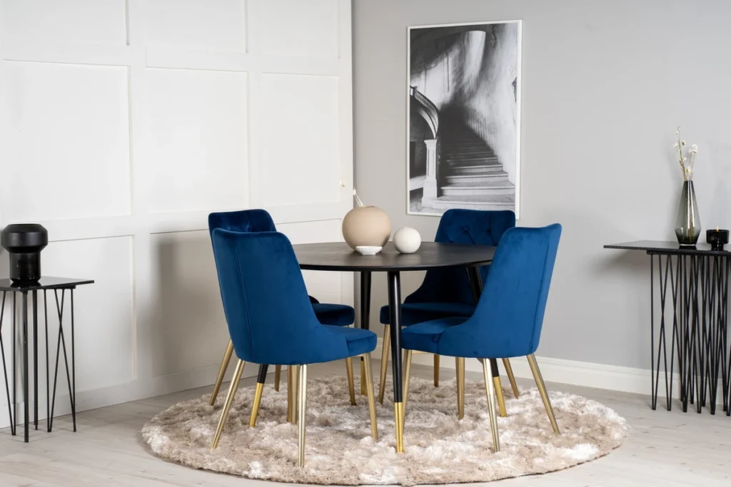 Dipp & Velvet Deluxe Runda Matbord ⌀115 Black + Matstolar Blue