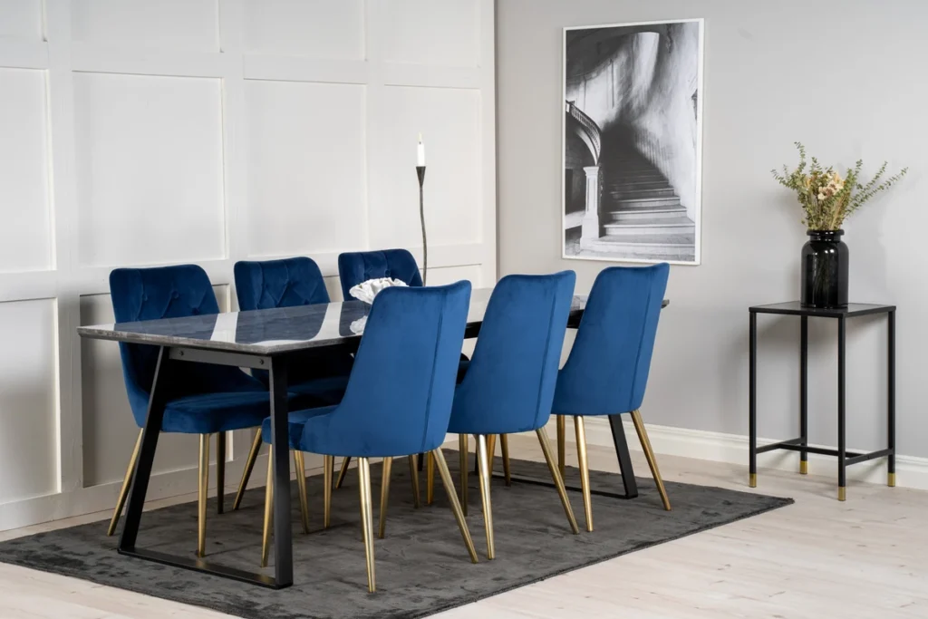 Estelle & Velvet Deluxe Matbord 90x200 + Matstolar Blå
