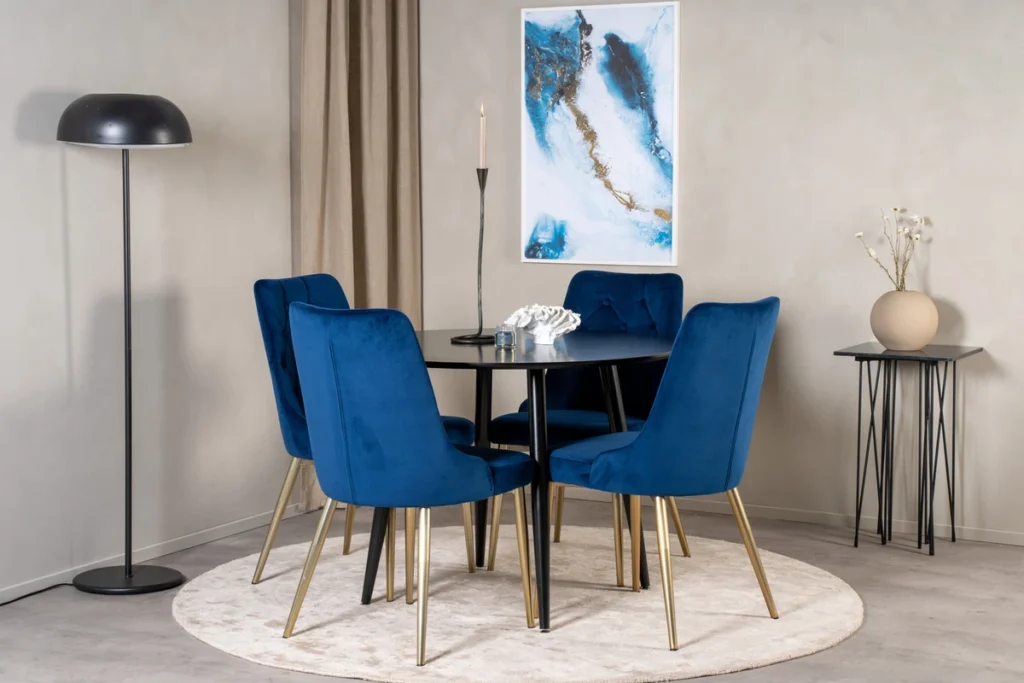 Plaza & Velvet Deluxe Matbord ⌀100 + Matstolar Blå